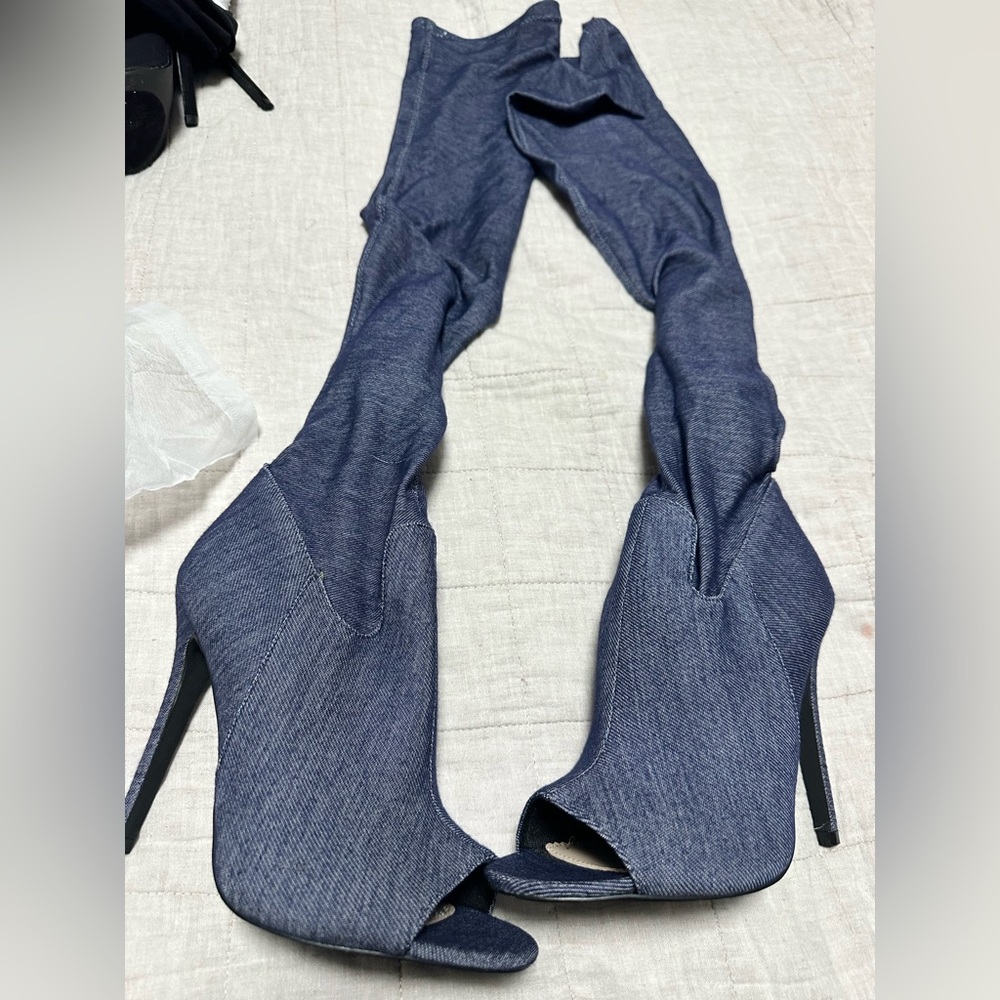 Chic Denim Over the Knee Peep-Toe Boots